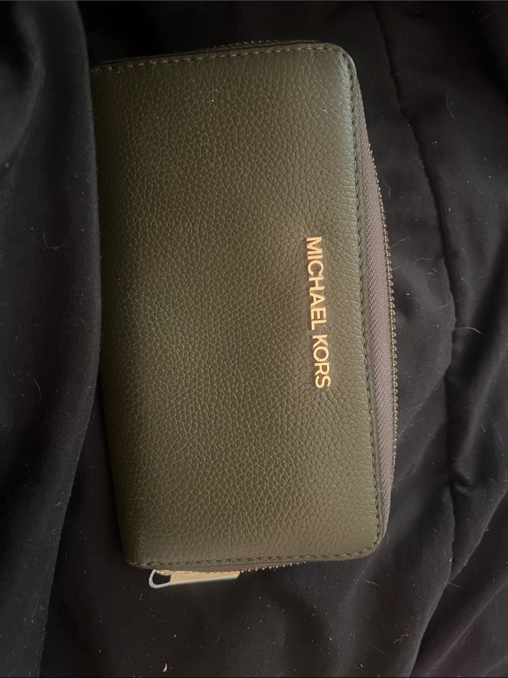 Michael Kors Olive Green Pebbled Zip Around Wallet with Gold Logo